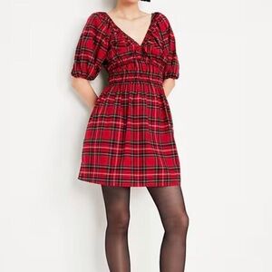 ❤️‍🔥 NWT Old Navy Red Plaid Mini Dress with Puff Sleeves